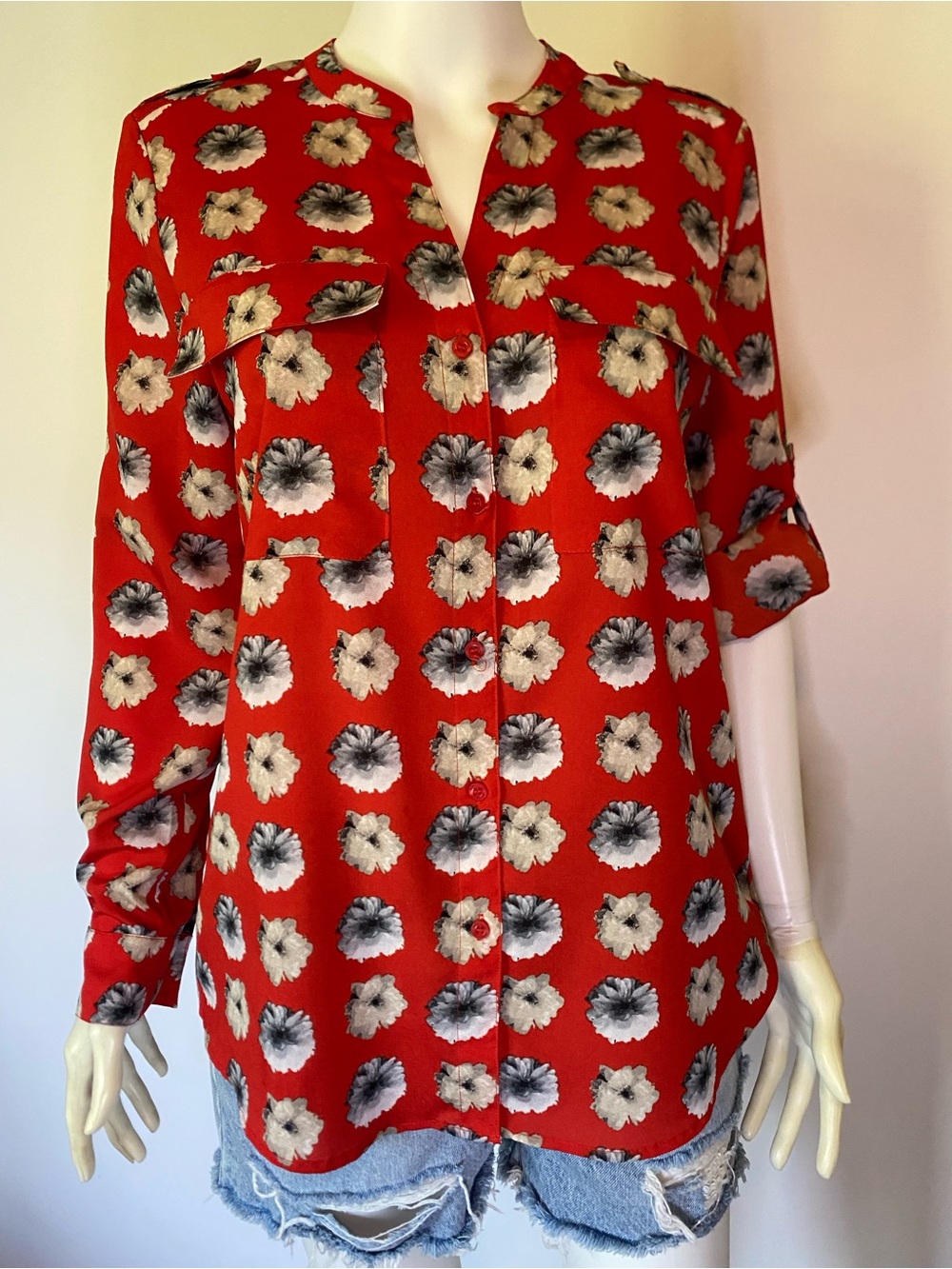 Calvin Klein Red Floral V-Neck Blouse
